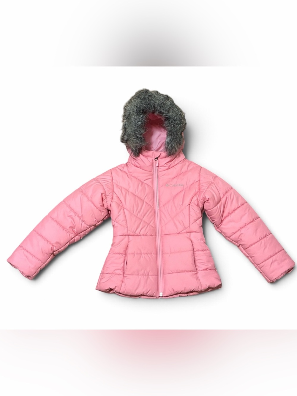 Columbia Girls XS 6 6X Katelyn Crest Puffer Jacket Pink Faux Fur Trim Hood Coat